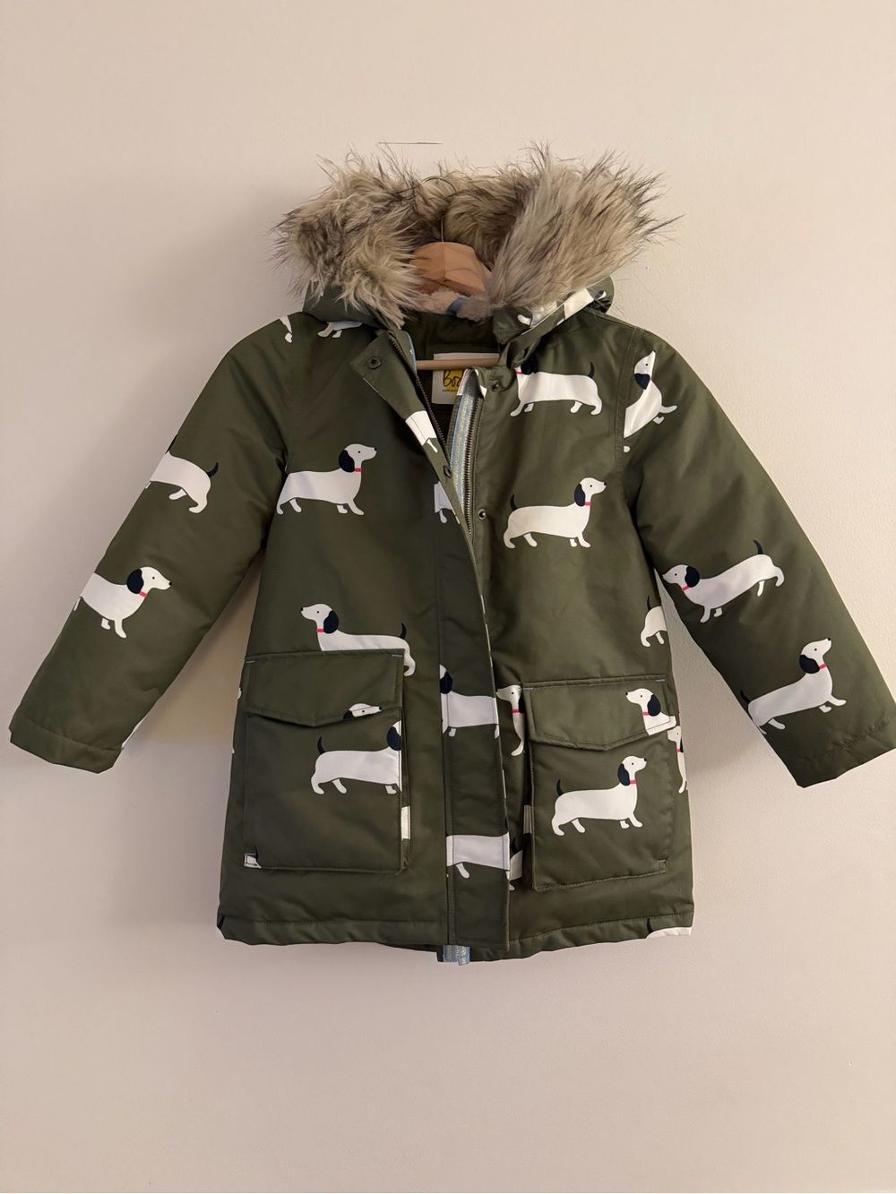 Boden Kids Olive Green Dachshund Print Winter Coat with Faux Fur Hood